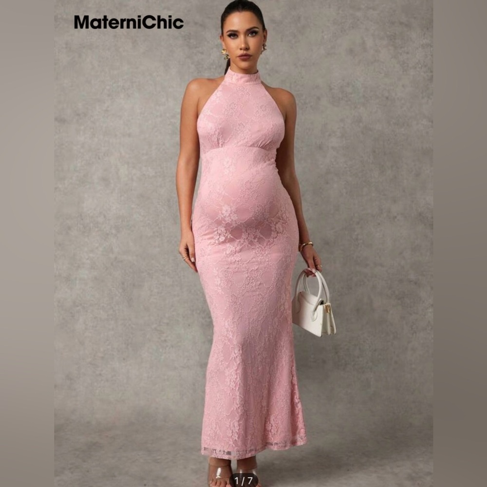 SHEIN Blush Pink Halter Lace Maxi Maternity Gown